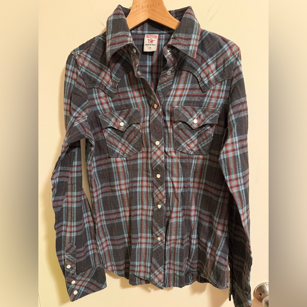 true Religion Gray Teal Plaid Button-Up Shirt size Medium Women